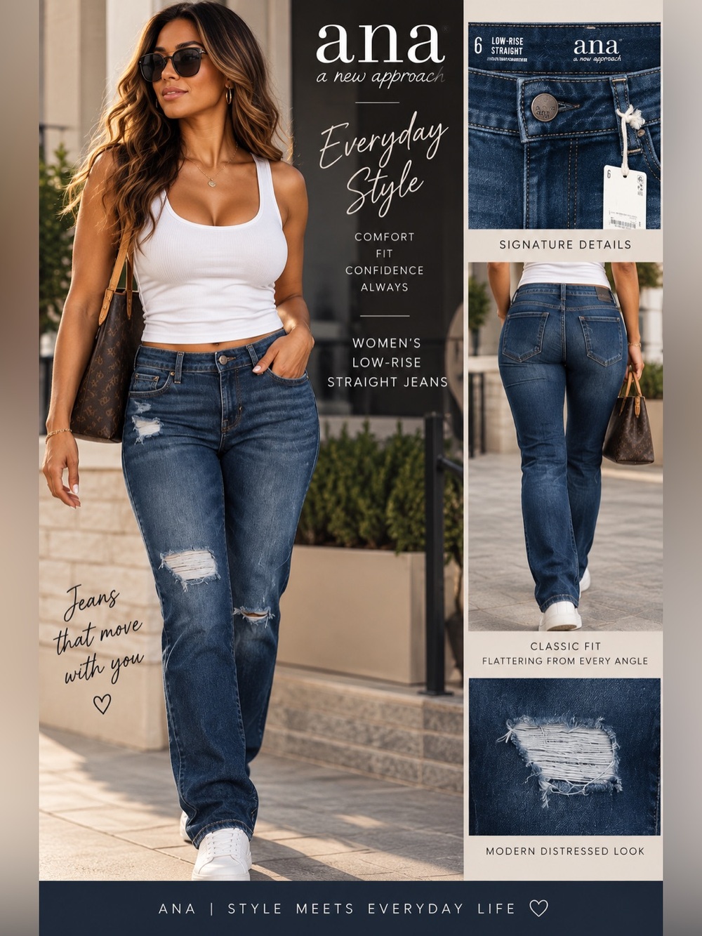 a.n.a Women's Straight Low-Rise Distressed Jeans - Dark Blue size 6